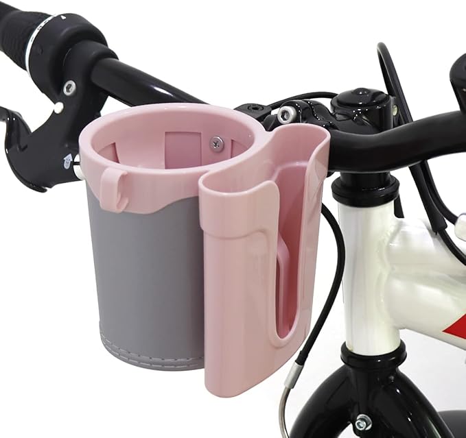 Tobefore Bike Cup Holder ABS+PU Leather with Phone Mount and Keys Hook，Adjustable Drink Holder for Bicycle Handlebar,Universal Coffee Cup Holder for Bicycle, Wheelchair, Scooter and Walker(Gray Pink)