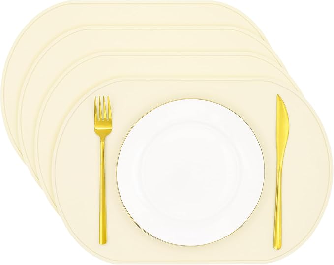 yuuzue Silicone Placemats Set of 4, Oval Heat Resistant Place Mats, Waterproof Washable Wipeable Dining Table Mats, Non-Slip Silicone Table Mat for Kids Adult (Beige)