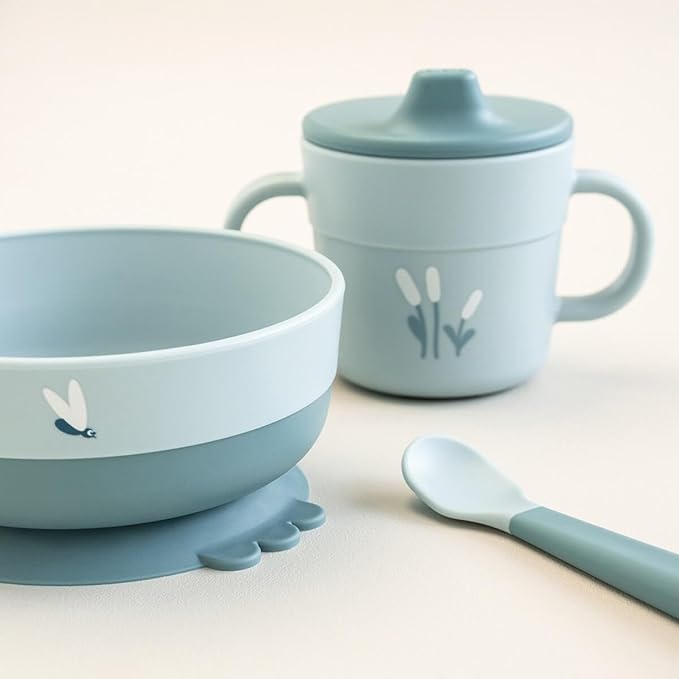 Done by Deer Foodie First Meal Set with Suction Base – Elphee – Blue – 3-Piece Baby Feeding Set with Bowl, Spout Cup & Spoon – Elephant Motif – Microwave & Dishwasher Safe
