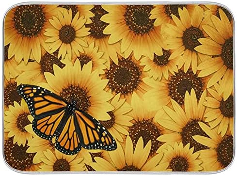Monarch Butterfly Dish Drying Mat Large Yellow Summer Sunflower Fast Absorbent Tableware Pad Baby Bottle Rack Drainer Mats Heat Resistant Kitchen Sink Counter Decor 18x24 inches