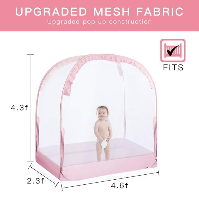 L RUNNZER Baby Pop Up Tent Cover Crib, Pink Crib Tent to Keep Baby in,See Through Crib and Nursery Soft Mesh Cover(55.2" L x 27.6" W x 51.6" H)