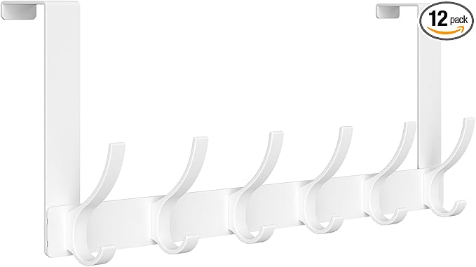 Optish Over The Door Hooks, Door Hanger Hooks for Hanging, Over The Doors Towel Racks for Bathroom with 12 Coat Hook, Coat Rack Bathroom Accessories（1 Pack, White）