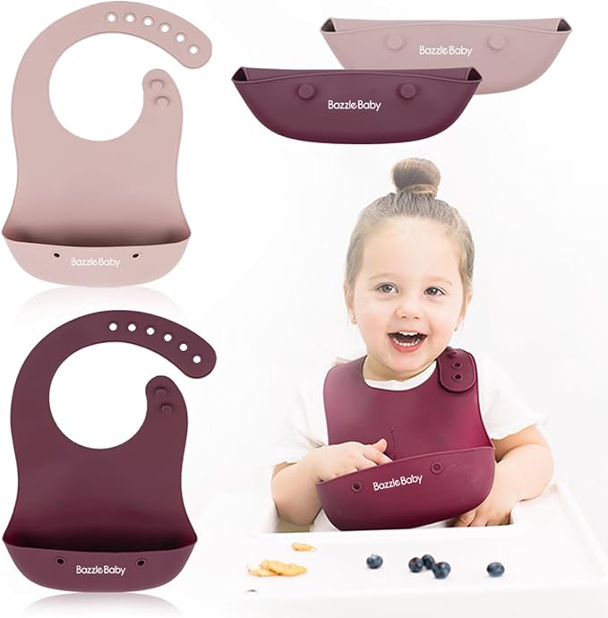 Bazzle Baby Silicone Bibs with Food Catcher - Rolls Up and Button closed for easy travel and storage Waterproof 2-Pk