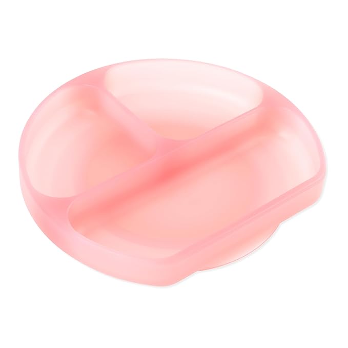 Bumkins Toddler and Baby Suction Plate, Silicone Divided Grip Dish for Babies and Kids, Baby Led Weaning, Children Feeding Supplies, Non Skid Sticky Bottom, Ages 6 Months Up, Pink Jelly