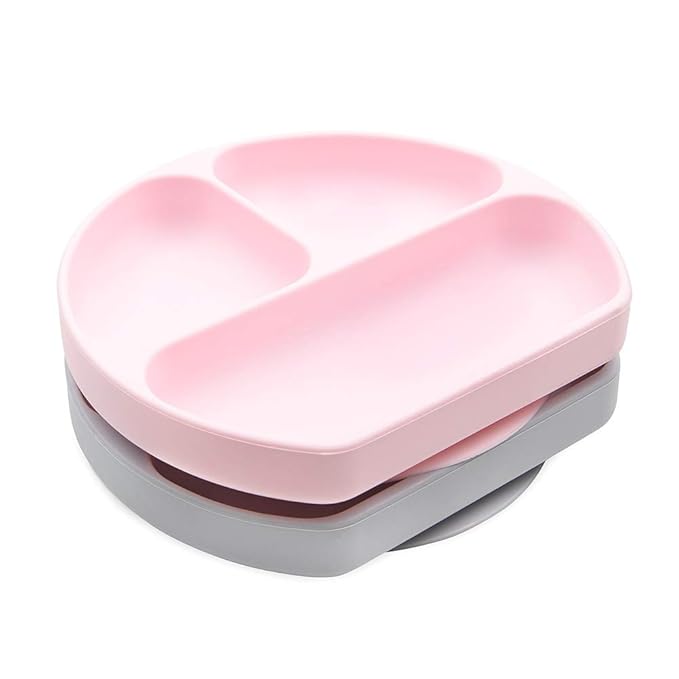 Bumkins Toddler and Baby Suction Plate, Silicone Divided Grip Dish for Babies and Kids, Baby Led Weaning, Children Feeding Supplies, Non Skid Bottom, Platinum Silicone, 6 Months Up, Gray and Pink