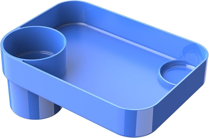 Car Seat Snack Tray for Toddlers - 3 Inch Cup Holder Fits Most Sippy Cups & Straw Bottles with Dip Well, Mess-Free Square Kids Travel Tray Road Trip Essentials, Blue