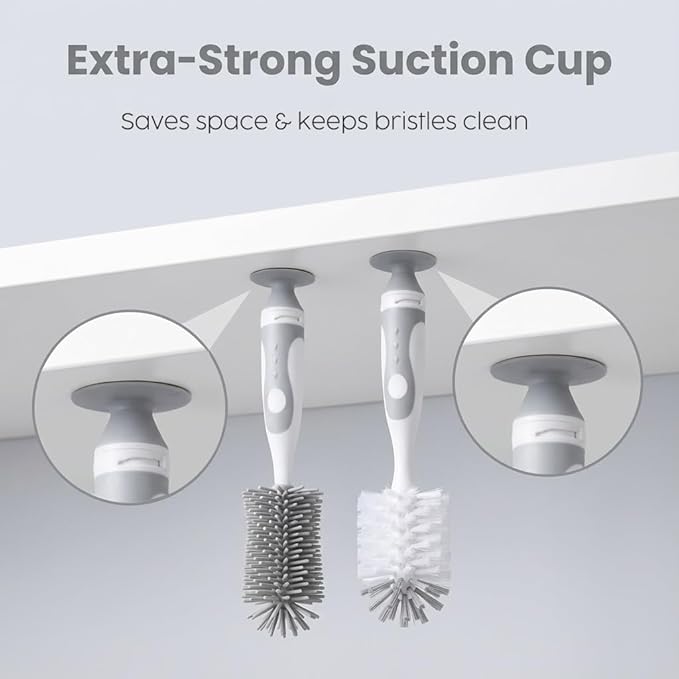Ariseno 4-in-1 Baby Bottle Brush Set - Including Brushes for Bottles, Straws, Caps, & Nipples - BPA-Free (Grey)