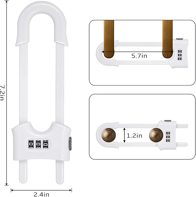 4 Pack Cabinet Locks with Combination U Shaped Sliding Cabinet Door Lock Child Proof Cupboard Locks Baby Proof Adjustable Safety Lock for Closet Code Latches Knob Handle Drawers - White