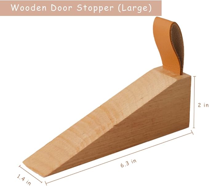 Large Wooden Door Stopper Non-Slip Security Wood Door Wedge with Leather Strap for Hanging Door Stopper 1Pack, in House Bedroom Office Living Room Hotel Cabin (Large)