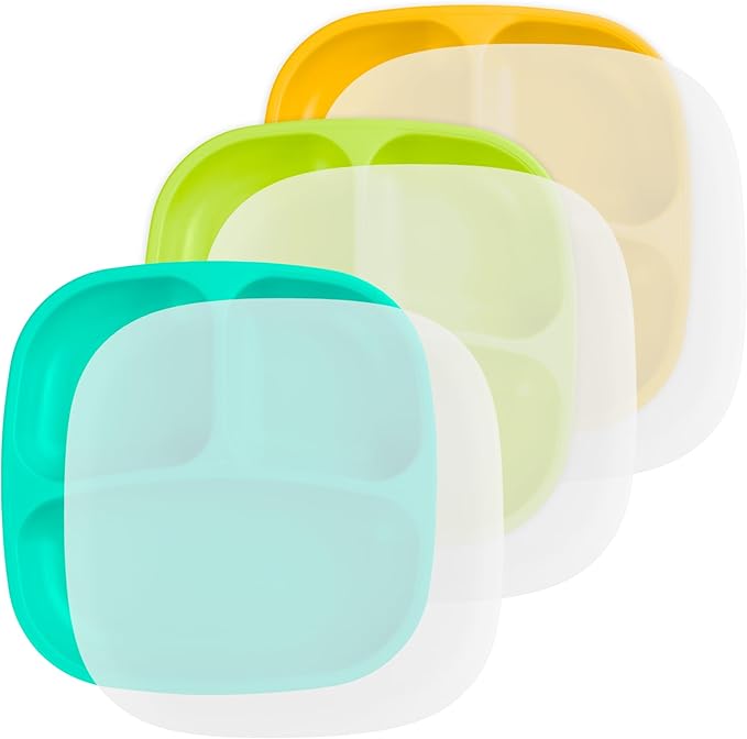 Re-Play Toddler Plates with Dividers - Deep-Walled 3 Compartments Divided Plates for Kids with 3 Lids - Dishwasher & Microwave Safe - Made in USA - Set of 3-7.37" x 7.37" x 1.25" Aqua, Lime, Yellow