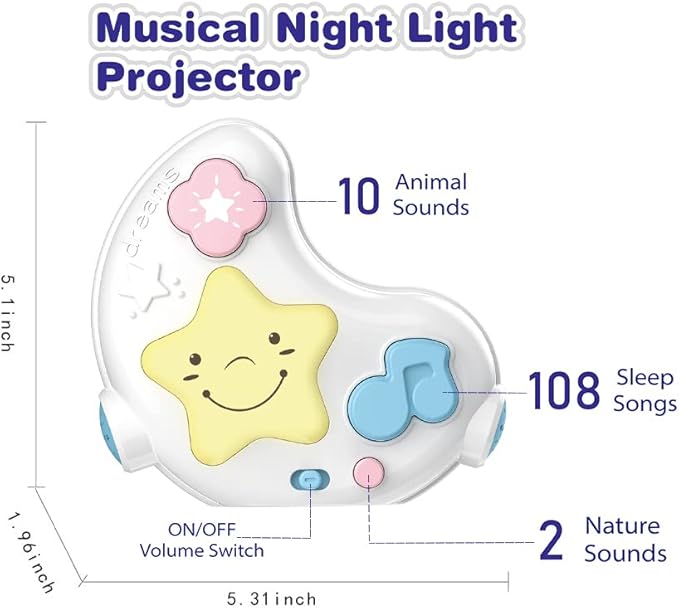 White Noise Machine and Baby Soother with Remote, 108 Lullaby Music, Soothing Sounds and Night Light for Newborn Nursery Sleeping, Musical Crib Toy, Portable Baby Sound Machine for Travel
