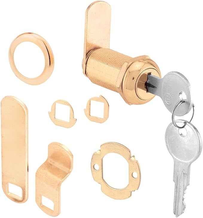 Prime-Line U 9953 Drawer and Cabinet Lock – Secure Important Files and Drawers, 1-3/8 in., Diecast Housing with Brass Finish, Fits on 1 in. Max Panel Thickness (1 Kit)