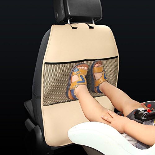 HCMAX 2 Pack Kick Mat Car Seat Back Protector Waterproof Easy to Clean Multifunctional Organizer Storage Bag Travel Accessory PU Leather Beige