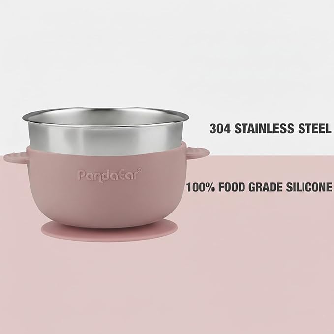 PandaEar 3 Pack Stainless Steel Baby Suction Bowls, Non-Slip Child Food Bowl with Silicone Sleeve for Kids Toddlers Infants, Unbreakable & Mess Free (Pink, With Lids)
