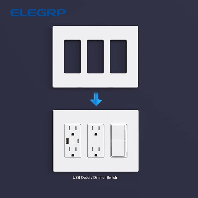ELEGRP 3-Gang Screwless Decorative Wall Plates, Mid-Size Unbreakable Thermoplastic Faceplate Cover for Decorator Receptacle Outlet Switch, UL Listed (2 Pack, Matte White)