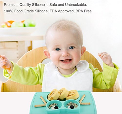 Silicone Divided Toddler Plates - Portable Non Slip Suction Plates Placemat for Children Babies and Kids BPA Free Baby Dinner Plate Bowl (Owl-Cyan)
