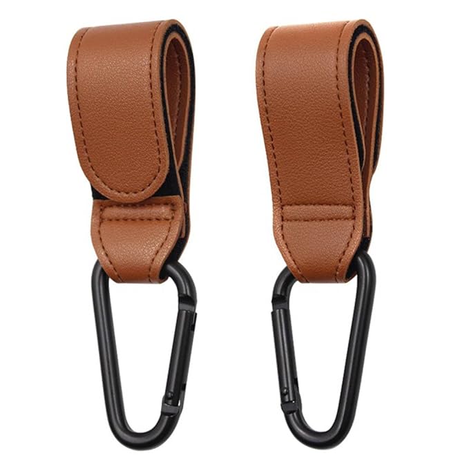 Multi- Function Great Travel Accessory,Baby Stroller Hooks, Leather Stroller Clips for Diaper Bags Pet Carts Grocery Shopping Bags. (Brown+Coffee)