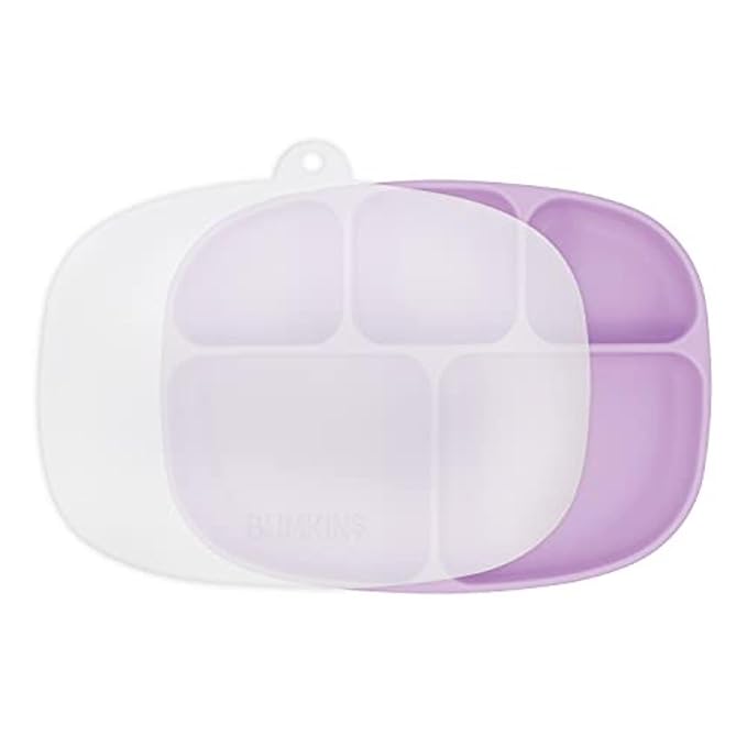 Bumkins Toddler and Baby Suction Plate, Silicone Divided Grip Dish and Lid, Large 5-Section Tray for Kids, Essentials in Children Feeding Supplies, Non Skid Stick Bottom, Ages 6 Months Up, Lavender