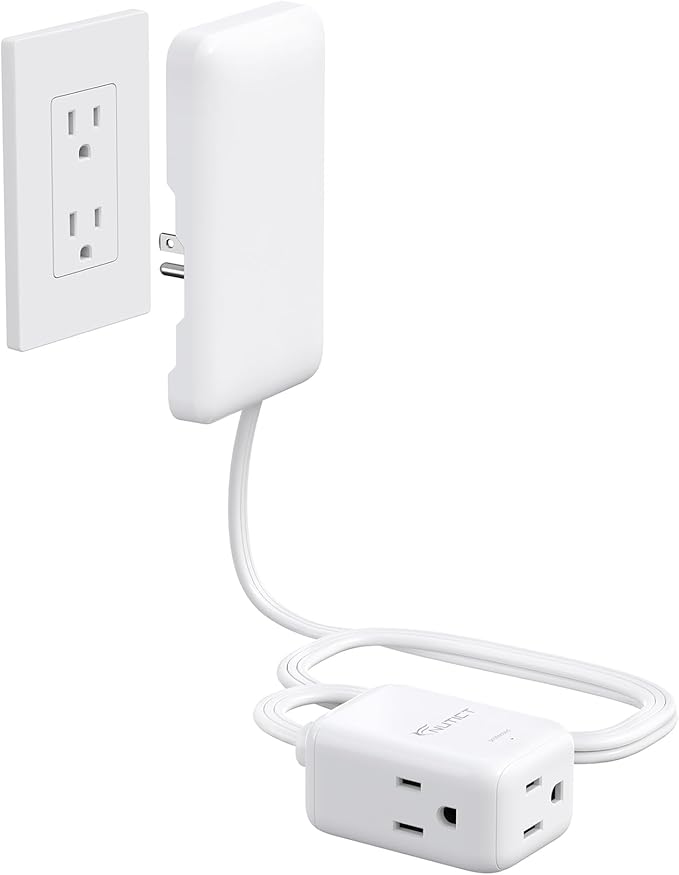 Flat Extension Cord with 3 Outlets, 3FT Short Extension Cord Flat Wall Plug & Ultra-Thin Outlet Cover, 900J Surge Protection, 13A/1625W, ETL Listed, White Outlet Extender for Kitchen Bathroom