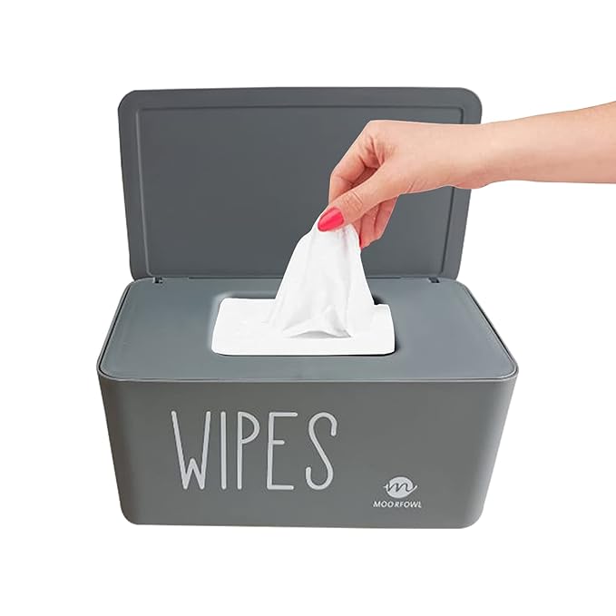 Moorfowl Baby Wipe Dispenser for Bathroom, Upgarde Design(8.2L x 4.9W x 3.9H inches), Minimalist Wipes Holder Container Flushable (Grey-New)