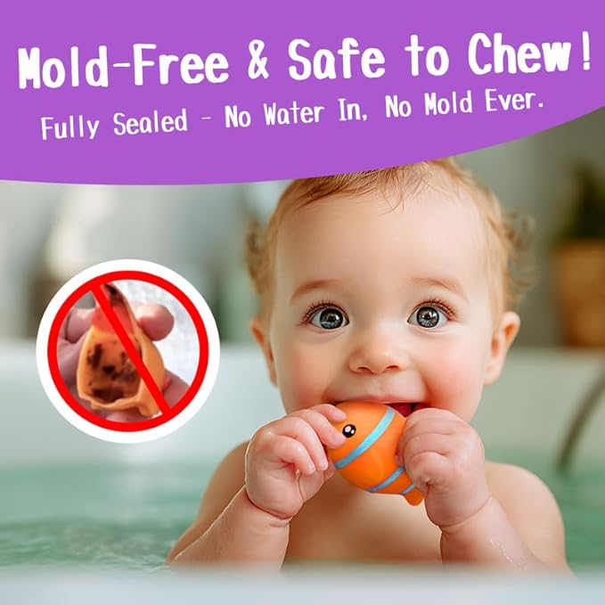 No Hole Bath Toys for Kids Ages 1-3, 8 Pcs Ocean Bath Toys with Storage and Net, Sealed & Squeezable & Float on Water