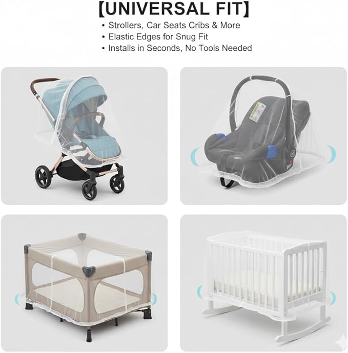 Universal Mosquito Net for Strollers - 2 Pack Breathable Insect Netting Protection for Babies, Fine Mesh Bug Screen Cover for Infant Car Seats, Cribs, and Playpens