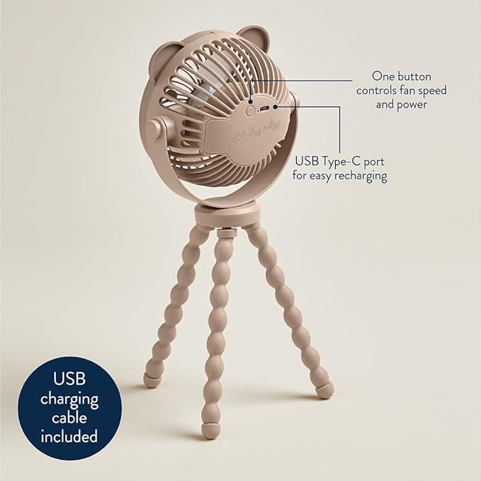 Itzy Ritzy Stroller Accessory - Features 360 Degree Swivel Design, Tilting & Flexible, Easy-Attach Wraparound Legs (Bear) - 3-Speed Stroller Fan