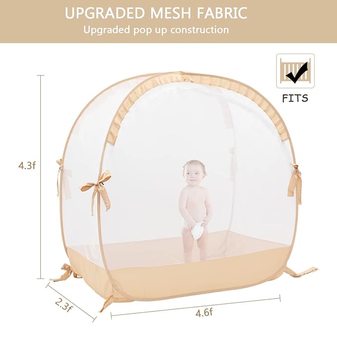 L RUNNZER Pop Up Baby Crib Tent, Safety Tent to Keep Toddler from Climbing Out, Canopy Against Falls and Bites, Netting with Breathable & Soft Mesh, Orange (R07-orange)