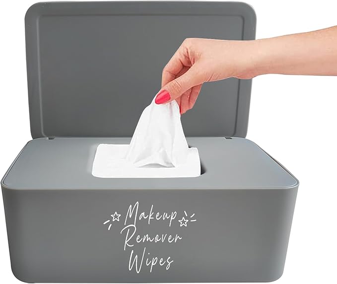 Moorfowl Makeup Remover Wipes Container,7.28" L * 4.80" W * 2.75" H, Makeup Wipes Holder Dispenser Chic for Bathroom Vanity Dressing Table (Grey)