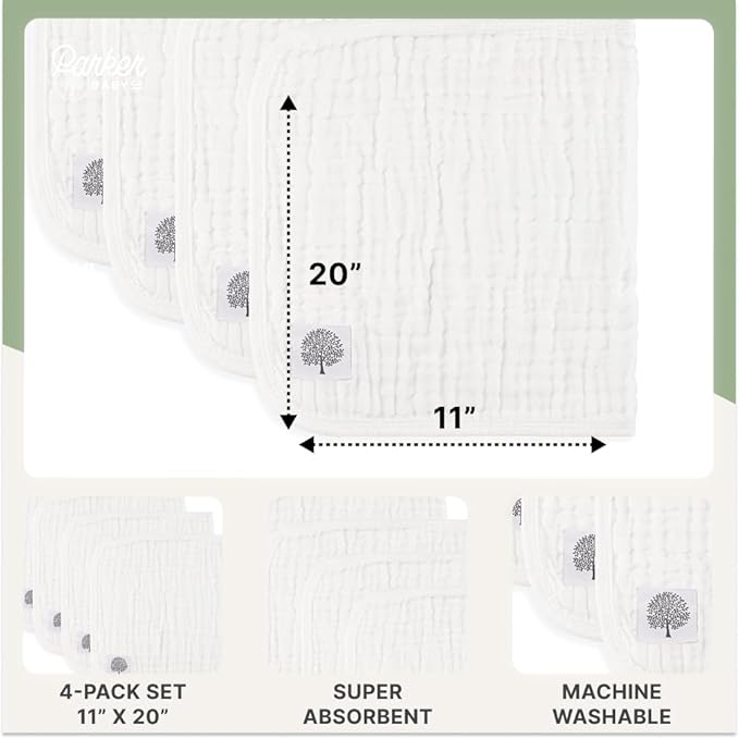 Parker Baby Co. Muslin Baby Burp Cloths, 100% Cotton Burping Clothes, Newborn Essential, Must-Have Baby Registry, Modern and Trendy Colors, 20x11 Unisex Large, Pack of 4 - White