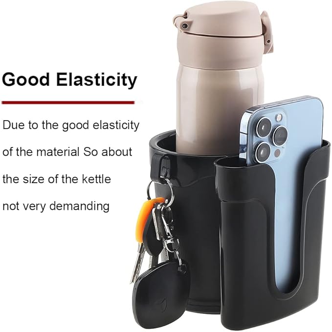 Tobefore Bike Cup Holder ABS+PU Leather with Phone Mount and Keys Hook，Adjustable Drink Holder for Bicycle Handlebar,Universal Coffee Cup Holder for Bicycle, Wheelchair, Scooter and Walker(Black)