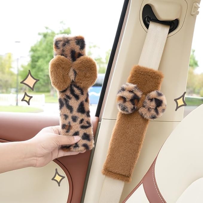 2 Pack Seat Belt Cover Pad, Cute Kawaii Leopard Print Bow Tie Seatbelt Covers Seatbelt Shoulder for More Comfortable Driving, Plush Fluffy Soft Seat Belt Cover, Car Seats Accessories, 02