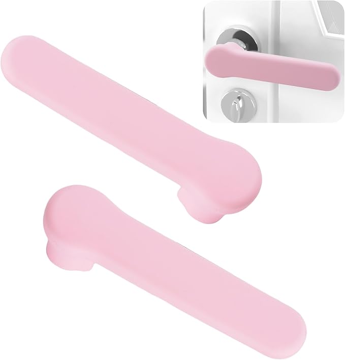 2Pcs Silicone Door Handle Glove Covers Safety Door Knob Cover with Clear Anti-Collision Adhesive Strip Anti-Static Door Knob Protector for Flat Square Door Levers (Pink)