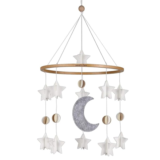 Baby Crib Mobile – Wooden Hanging Nursery Baby Mobile for Crib, Nursery Decor for Boys & Girls, Perfect Shower Gift, Moon & Stars (Grey, White & Cream) Also Fits Bassinets, Sorrel + Fern