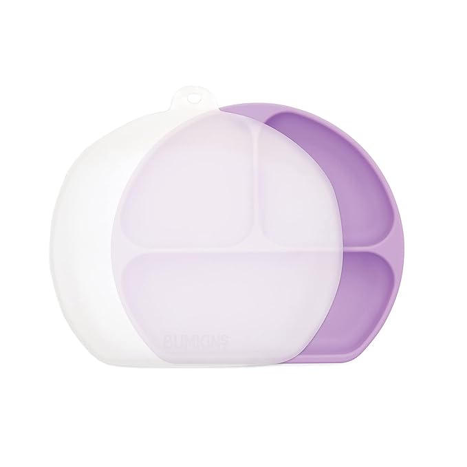 Bumkins Toddler and Baby Suction Plate, Silicone Divided Grip Dish and Lid, Babies and Kids, Baby Led Weaning, Children Feeding Supplies, Non Skid Bottom, Platinum Silicone, Ages 6 Mos Up, Lavender