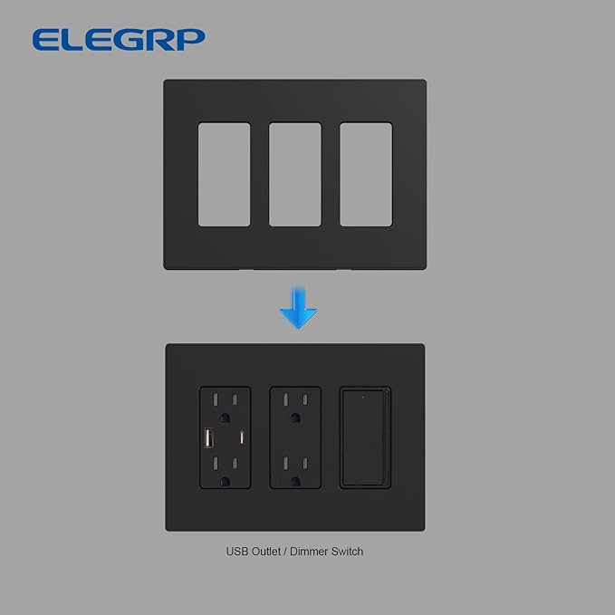ELEGRP 3-Gang Screwless Decorative Wall Plates, Mid-Size Unbreakable Thermoplastic Faceplate Cover for Decorator Receptacle Outlet Switch, UL Listed (2 Pack, Matte Black)
