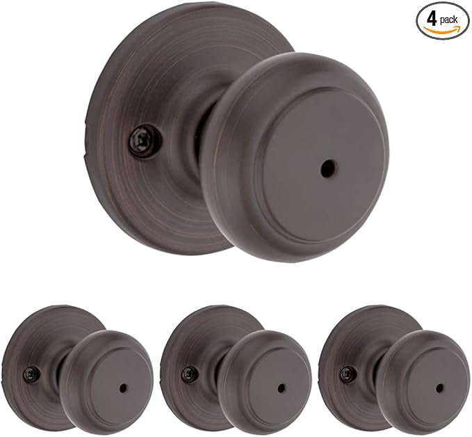 Kwikset Cove Interior Privacy Door Knob with Lock, Door Handle for Bathroom and Bedroom, Venetian Bronze Keyless Turn Lock Doorknob (Pack of 4)