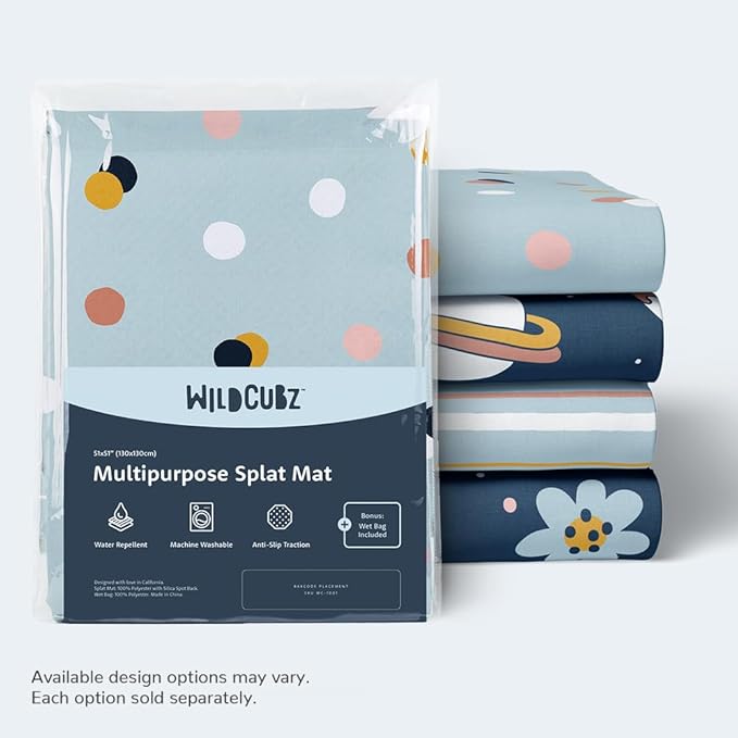51" Heavy Duty Baby Splat Mat for Under High Chair | Includes Wet Bag | Premium Washable Toddler Mat | Baby Led Weaning | High Chair Mat for Floor | Craft Mat | Splash Mat (Dots on Dots)