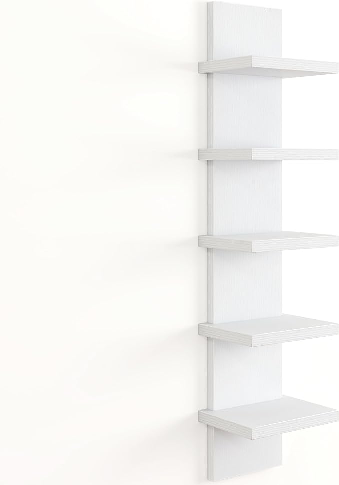 Fun Memories 5 Tier Wall Shelf Unit, White Floating Shelves for Storage - Vertical Column Tower Design, Lack Wall Shelf Space Saving Organizer for Bedroom, Living Room, Home Decor