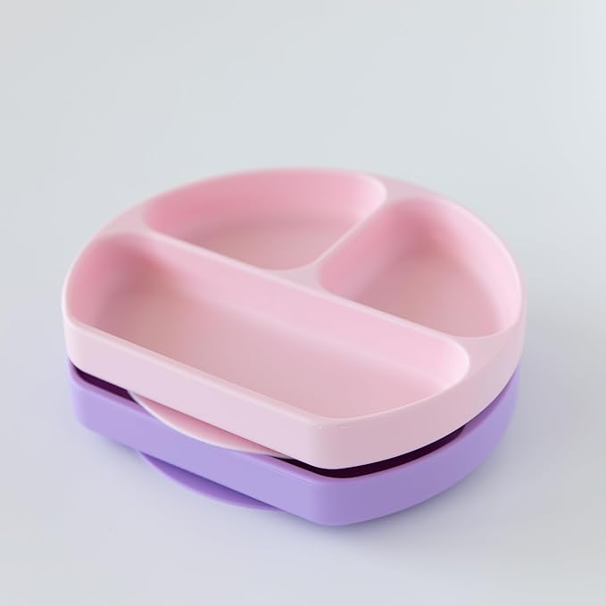 Bumkins Toddler and Baby Suction Plate, Silicone Divided Grip Dish for Babies and Kids, Baby Led Weaning, Children Feeding Supplies, Non Skid Bottom, Platinum Silicone, 6 Months Up, Lavender and Pink
