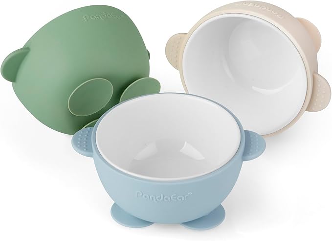 PandaEar 3 Pack Ceramic Baby Bowls with Silicone Sleeves | Non-Slip Suction Base, Microwave & Dishwasher Safe Toddler Bowls | BPA Free Baby Feeding Bowls Set (Blue/Green/Beige)