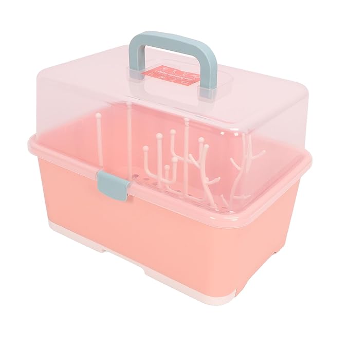 Baby Bottle Drying Storage Box, Removable PP Cover Portable Keep Dry Dust Proof 360° Seal Design Baby Bottle Drying Rack Container for Home for Baby (Implicit Pink)