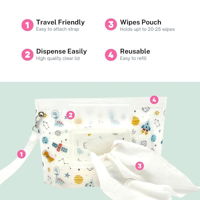 Baby Wipes Dispenser Portable & Refillable Wet Wipe Pouch Pack of 2 Reusable Wipes Holder and Wipe Container, Baby Essential, Makeup Wipe Travel Case - Regular Size, Dinosaurs Love