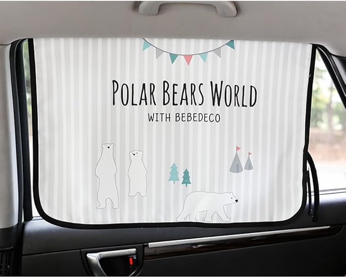 BEBEDECO Magnetic Car Sun Shade Curtain for Side Window – Sun Blocker and UV Protector for Baby, Kids, and Pets – Universal Fit with Built-in Magnets for Steel-Framed Door (Be-Pola Bear)