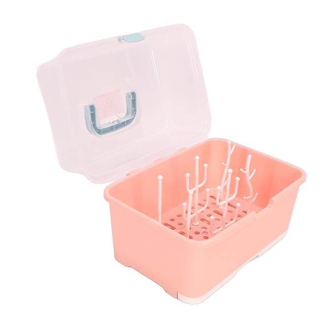 Baby Bottle Drying Storage Box, Removable PP Cover Portable Keep Dry Dust Proof 360° Seal Design Baby Bottle Drying Rack Container for Home for Baby (Implicit Pink)