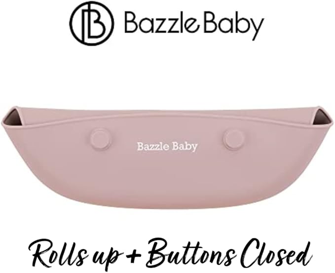 Bazzle Baby Silicone Bibs with Food Catcher - Rolls Up and Button closed for easy travel and storage Waterproof 2-Pk