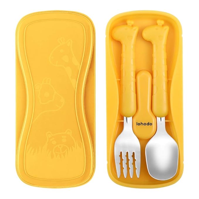 Toddler Utensils Kids Spoon and Fork Set 18/8 Stainless Steel Silverware BPA Free Cute Giraffe Child Flatware with Travel Case for Age 3+