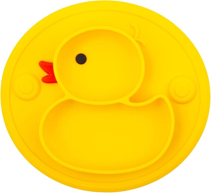 Linowos Silicone Divided Toddler Plates, Portable Non Slip Suction Plates for Children Babies and Kids BPA Free Baby Dinner Plate (Duck-Yellow) 1