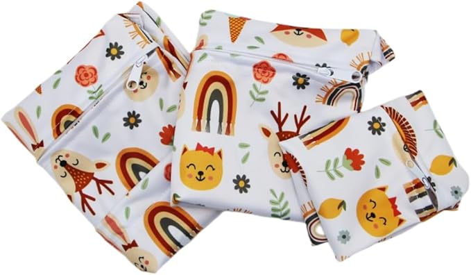 Asenappy 3pcs Cloth Diaper Wet Dry Bags Waterproof Reusable with Two Zippered Pockets Travel Beach Pool Daycare Soiled Baby Items Yoga Gym Bag for Swimsuits or Wet Clothes (rainbow fox)