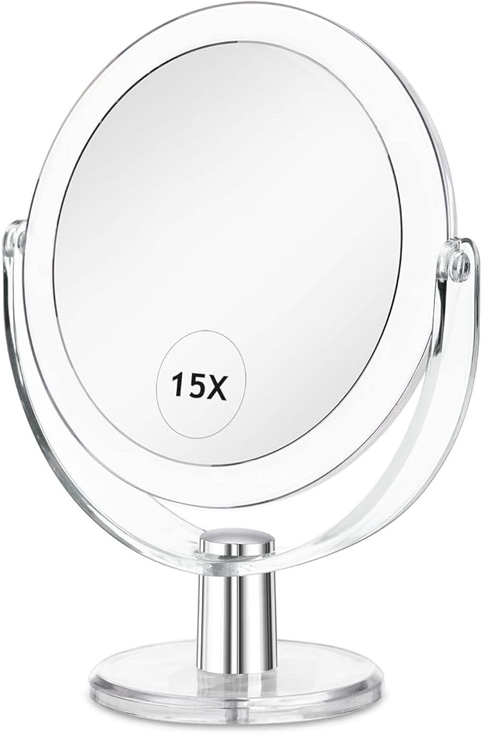 Vanity Makeup Mirror with Stand, 1X/15X Magnification Double Sided 360 Degree Swivel, Portable Table Desk Counter top Magnifying Mirror, Tabletop Mirror for Bedroom or Dorm Room, 6.25 Inch